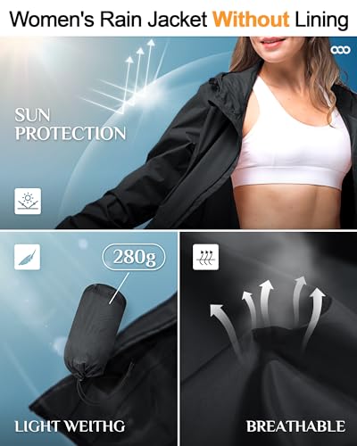 33,000ft Women's Waterproof Long Rain Coats Packable Rain Jacket with Hood - color: Black, size: Large