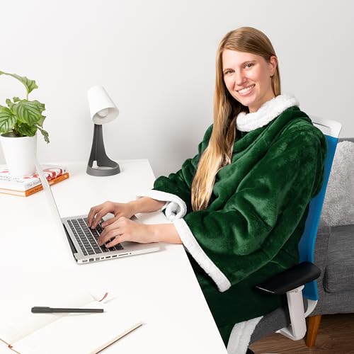 PAVILIA Sherpa Wearable Blanket with Sleeves and Pocket, Plush Thick Cozy Body Blanket Wrap for Adult Women Men, Christmas Gift for Wife Mom, Dark Green - color: Emerald Green
