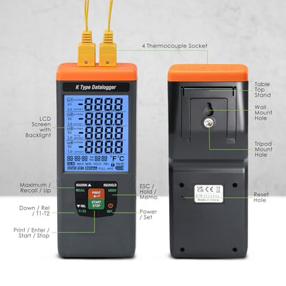 Digital Thermocouple Thermometer, 4 Channel Data Logger Thermometer with 48,000 Groups Data Records, -328~2498℉ Measuring Range Thermocouple Reader with Buzzer and Visible Alarm - color: Grey