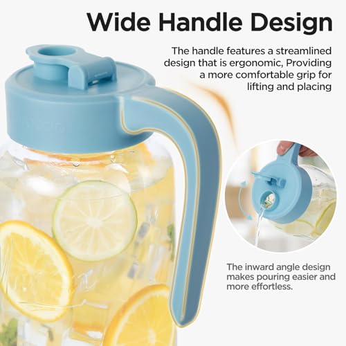 Mason Jar Pitcher, 64 oz (2 quart), Glass Pitcher with Lid | Airtight, Leak proof, Ergonomic Handle, Pour Spout Lid, Fridge Safe, for Sun Tea, Iced Tea, Cold Brew, Lemonade, Outside - color: Sky