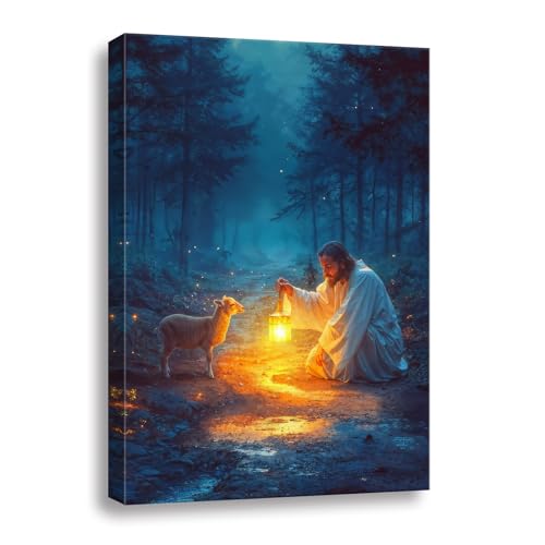 Ploceiny Christian gifts for women Religious wall art decorations for prayer room Jesus Running After Lost Lamb Picture Jesus and lamb canvas posters for home decor A-391 (16"X24") - color: Jesus lost lamb, size: 16"X24"