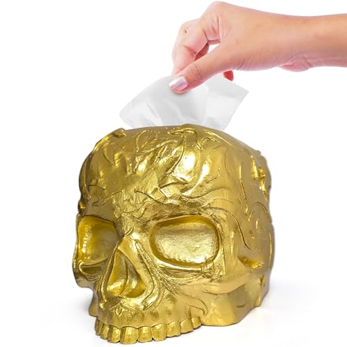 Gothic Skull Tissue Box Cover, Gold, Square by Death Decor - color: Gold