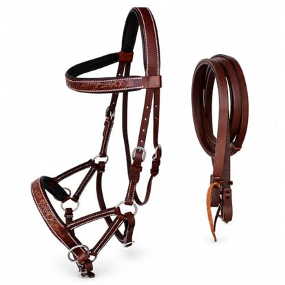 Horse Western English Leather Bitless Sidepull Bridle w/ Split Reins 77RS30 - color: Brown