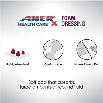 AMERX Foam Dressing - Wound Dressing Pads - Waterproof Barrier - Breathable, Self-Adhesive Border - 12 Count Per Box - size: 4.25" x 4.25" Pad