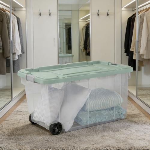 Extra Large Wheeled Storage Bin, 160 Quart (2 Pack) - Durable Clear Storage Container with Secure Latch Lid & Easy Pull Handle, Light Green