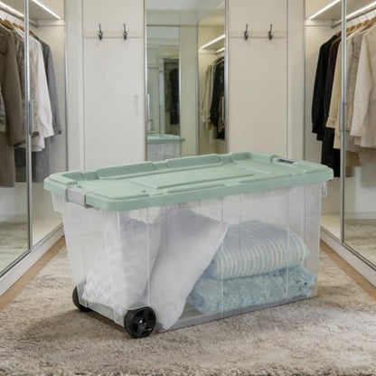 Extra Large Wheeled Storage Bin, 160 Quart (2 Pack) - Durable Clear Storage Container with Secure Latch Lid & Easy Pull Handle, Light Green
