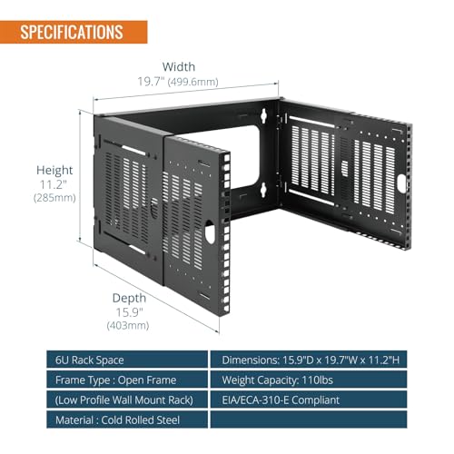 Tecmojo 6U Wall Mount Network Rack, 19" Open Frame Patch Panel Bracket with Adjustable Depth 9.7-15.9 in, Fits Shallow IT Equipments, 110 lbs Capacity, EIA-310 Compliant - size: 6U