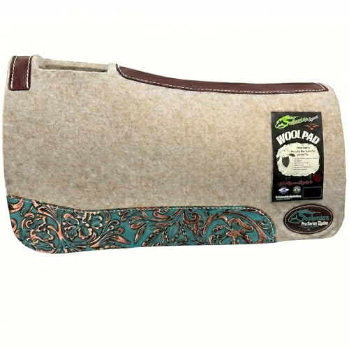 The Montana 100% Extra Fine Wool Made in the USA Saddle Pad by Southwestern 3/4" or 1" Thick and Designer Wear Leather - color: Turquoise Bloom, size: 32" x 32": 1" Inch Thick