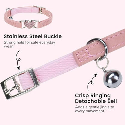 BINGPET Diamond Cat Collar with Bell, Adjustable Kitten Collar, Pink - color: Pink(Heart), size: Neck Girth 8"-10"