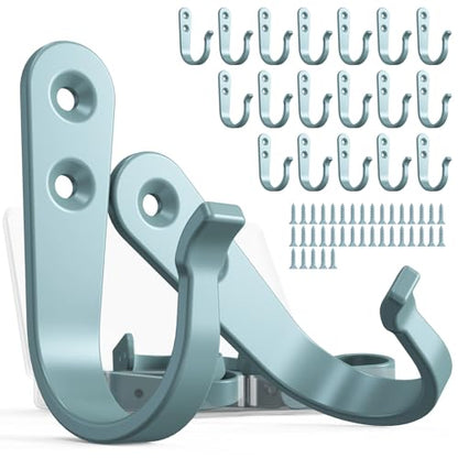 BREYDROK 20-Pack Coat Hooks for Hanging, Heavy Duty Blue Metal Wall Hooks | Single Prong Hanging Hooks with Screws for Towels, Backpacks, Hats, Kitchen Hook - color: 20pcs + Light Blue