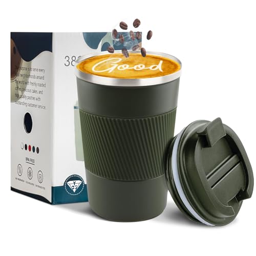 Insulated Travel Coffee Mug, Stainless Steel Coffee Cup with Leakproof Lid - color: Green, size: 12 Ounces