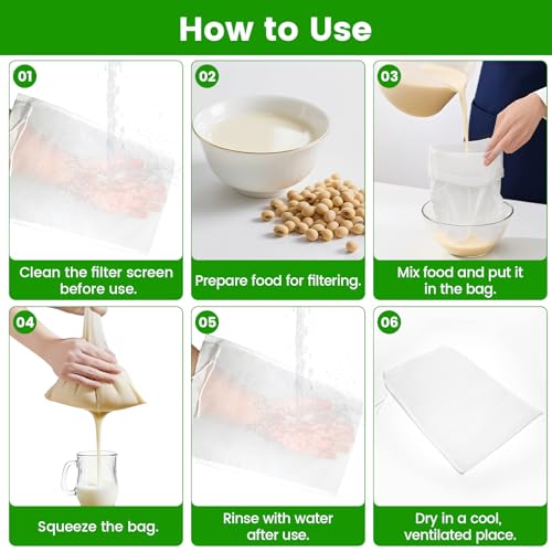 6 Pcs Nut Milk Bag Reusable Bulk, 100 & 200 Micron Nylon Mesh Strainer Bags, Mesh Bag for Juicing for for Efficient Cold Press Juicing, Nut Milk, Brewing & Straining (11.8" x 7.9")
