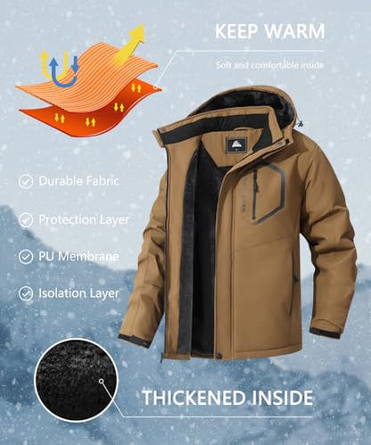 Men's Mountain Ski Jacket Winter Snow Coats Waterproof Warm Fleece Lining Jacket Parka with Hooded - color: Brown, size: Small