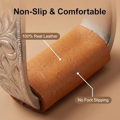 Western Horse Stirrups Heavy Duty Cast Aluminum 4.9" Hand Engraved Polished Real Leather Tread for Equestrian Riding, Brown/Black - color: Brown