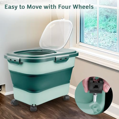 Rice Storage Containers, Collapsible 20 to 30Lbs Food Storage Bin Dispenser with Rolling Wheel and Clear Airtight Lid, BPA Free Flour, Sugar, Cereal and Dog Cat Pet food Containers - color: Green