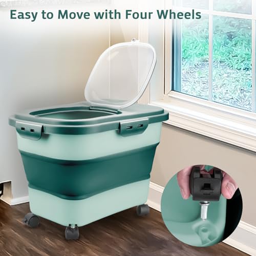 Komzon Rice Storage Containers, Collapsible 20 to 30Lbs Food Storage Bin Dispenser with Rolling Wheel and Clear Airtight Lid, BPA Free Flour, Sugar, Cereal and Dog Cat Pet food Containers - color: Green