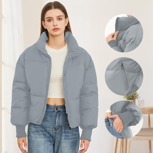 SXGYH Women’s Winter Cropped Puffer Jacket Coat Casual Quilted Baggy Long Sleeve Zip Down Jackets Outerwear - color: Light Grey, size: X-Large