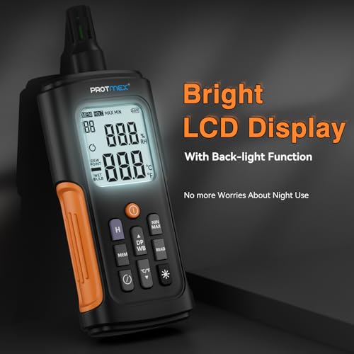 YT606 Temperature Humidity Meter High Precision Digital Hygrometer with Ambient, Relative Humidity, Dew Point, Wet Bulb Thermometer for Indoor Outdoor, Digital Thermometer Min/Max Hold, LCD Backlight