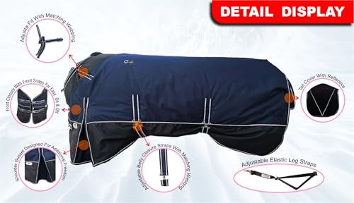 Majestic Ally 600 D Ripstop Nylon Horse Turnout Blanket, Waterproof, Heavyweight, Rain and Weather Resistant, 250 GSM (Navy Black, 78 - Inch) - color: Navy Black, size: 78 - Inch