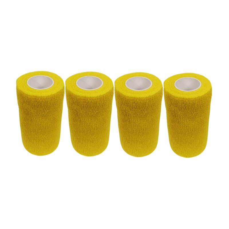 4" Cohesive Flexible Bandage Wrap – Yellow - Pack of 4 | Self-Adherent Vet Tape for Animal Wound Care, Wrapping, and Support – Non-Slip, Breathable, Flexible Bandage for Livestock - color: Yellow
