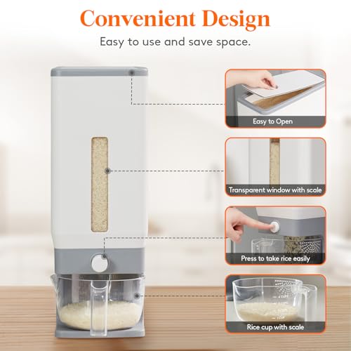 Lifewit Rice Dispenser 25 Lbs, Airtight Storage with Measuring Cup, Grey - color: Light Grey