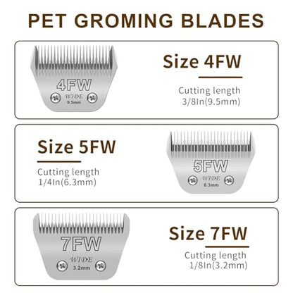 Pet Grooming Wide Blades Compatible with Andis A5 Oster Wahl, Silver, 3 Pcs | 7FW, 5FW & 4FW wide blades kit. Stainless steel build. Compatible with Andis A5, Oster & Wahl KM10 clippers. Low noise.
