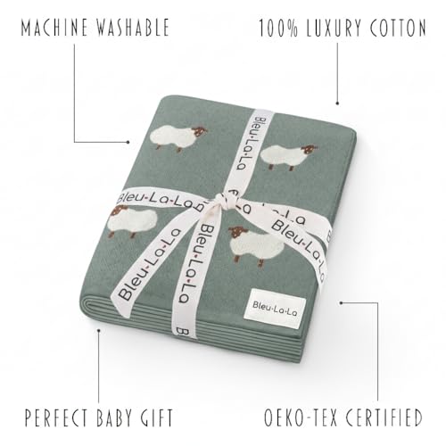 Knit Baby Swaddle Blanket - 100% Cotton Soft Cozy Receiving Swaddle Stroller Blanket for Shower Gift Registry for Newborns, Infants, Toddlers (Sheep - Pasture Green) - color: 02 - Sheep - Pasture Green