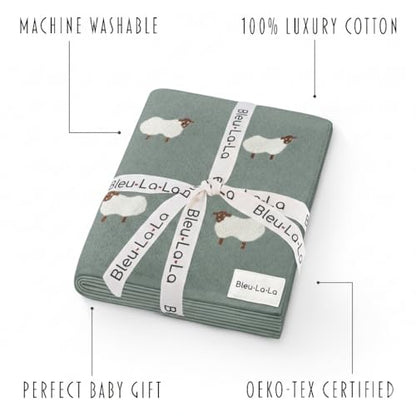Knit Baby Swaddle Blanket - 100% Cotton Soft Cozy Receiving Swaddle Stroller Blanket for Shower Gift Registry for Newborns, Infants, Toddlers (Sheep - Pasture Green) - color: 02 - Sheep - Pasture Green