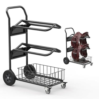 Heavy Duty Rolling Saddle Rack Cart with Basket | Foldable Horse Tack Dolly, for Western & English Saddles, Bridles, Helmets, Horse Gear Storage, Show Cart for Easy Transport