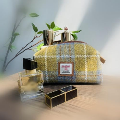TAILORMAP Harris Tweed Wool Cosmetic Bag, Large Capacity Scottish Tartan Handmade Makeup Organizer, Stain-Resistant Travel Toiletry Pouch for Women (Yellow) - color: Yellow