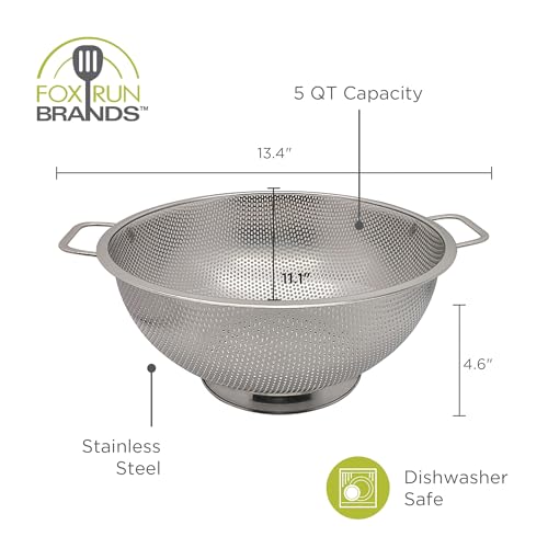 Fox Run Stainless Steel Colander, Large 5 Quart Kitchen Pasta Strainer - size: 5 Quart Large