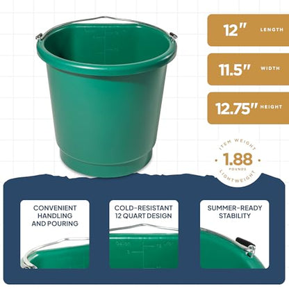 Farm Innovators 3 Gallon Flat Back Plastic Heated Bucket with Metal Handle, Built in Thermostat, and Hidden Cord Compartment, Green, 70 Watt (2 Pack) - size: 2 Pack