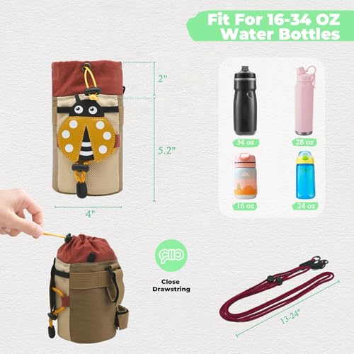 Cute Animals Bike Water Bottle Holder with Shoulder Straps, Universal Cycling Bicycle Drink Cup Cage for Kid's, Cruiser, Scooter, MTB, Road Bike (Beetles) - color: Beetles