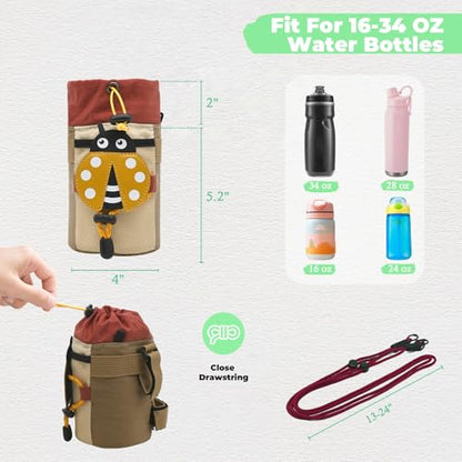 Cute Animals Bike Water Bottle Holder with Shoulder Straps, Universal Cycling Bicycle Drink Cup Cage for Kid's, Cruiser, Scooter, MTB, Road Bike (Beetles) - color: Beetles