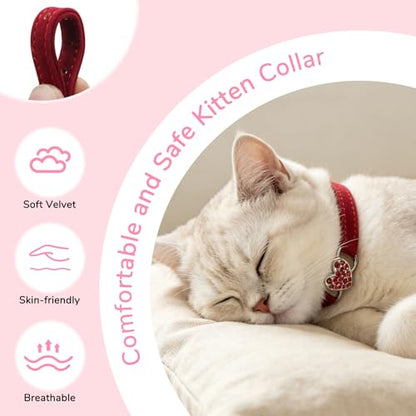 BINGPET Diamond Cat Collar with Bell, Adjustable Kitten Collar, Red - color: Red(Heart), size: Neck Girth 8"-10"