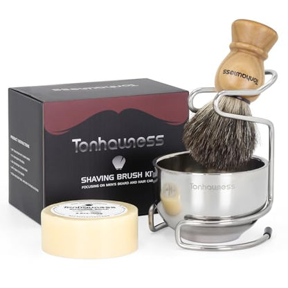 Shaving Brush Kit for Men, 4 in 1 Shaving Brush Set Includes Pure Badger Shaving Brush, Shaving Soap and Stainless Steel Shaving Bowl & Stand for Men’s Barber Shave Gift - color: Wood-A