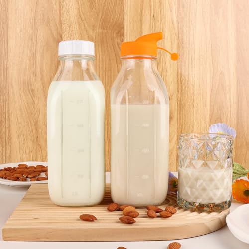 CARBLIN 32 Oz Glass Milk Bottles with Lids，1 Quart Juice Drinking Jugs