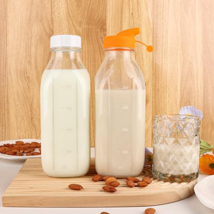 CARBLIN 32 Oz Glass Milk Bottles with Lids，1 Quart Juice Drinking Jugs