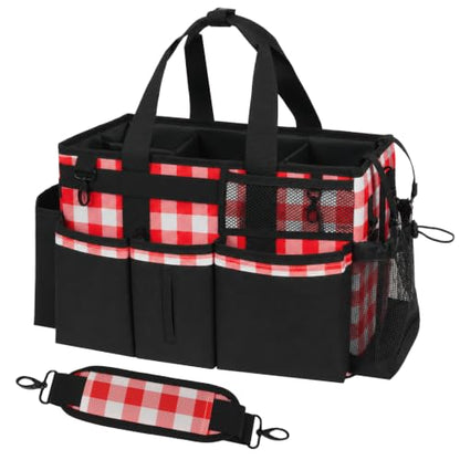 SCAVATA Wearable Cleaning Caddy, Cleaning Caddy Supplies Organizer with Handle & Shoulder Straps for Housekeepers, Under Sink & Car Cleaning Tool Organizers Bag with 4 Foldable Divider (RedPlaid) - color: RedPlaid