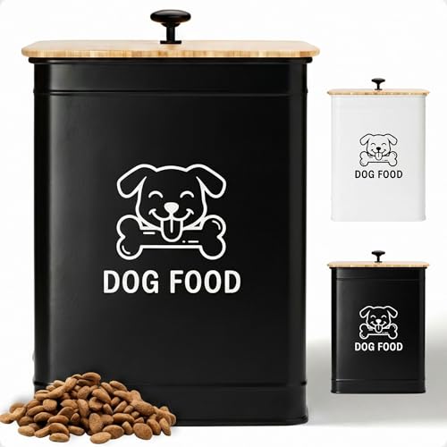 Metal Dog Food Container 5-7lb, 25 Cup w/ Airtight Bamboo Lid, Metal Handle - color: Black: Dog Face