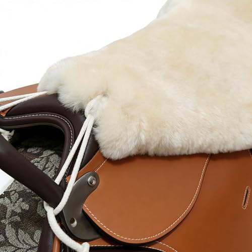 Saddle Sheepskin Seat Cover, Merino Sheepskin Saddle Pad – A Soft, Shock-Absorbing and Breathable Equestrian Seat Cover - color: Ivory White