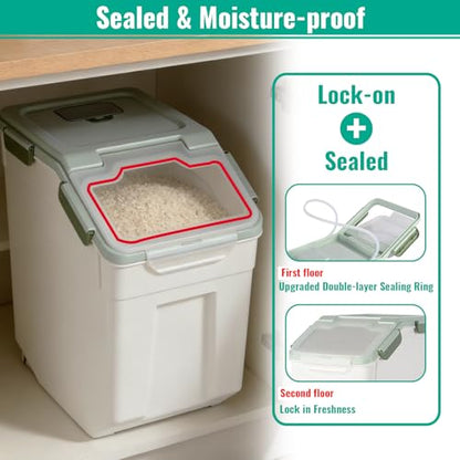 Rice Container 25 lbs Large Bulk Flour Sugar Storage Holdhouse Plastic Grain Cereal Dry Goods Bin with Spoon and Measuring Cup for Kitchen Pantry Organization - Green - color: Green