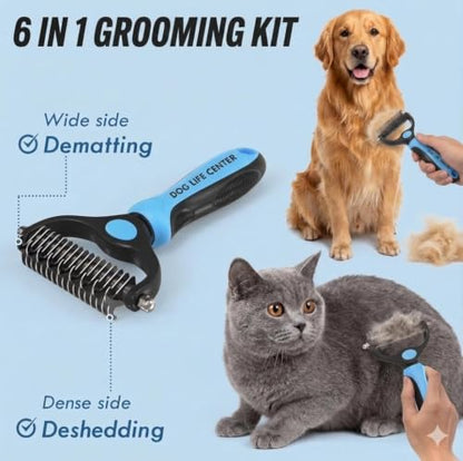 Dog Grooming Kit 6-in-1 for Dogs & Cats, Professional Pet Grooming Tools Set with Deshedding Rake, Slicker Brush, Bath Brush, Nail Clipper, Flea Comb & Grooming Comb for Shedding, & Daily Care
