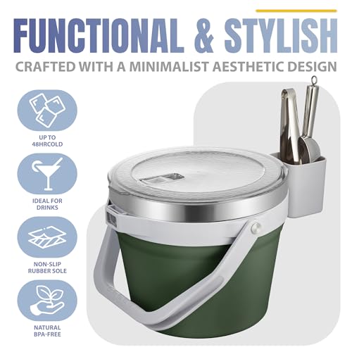 COKTIK 7L Vacuum Insulated Ice Bucket with Lid and Scoop& Tongs，Large capacity Stainless Steel Beverage Bucket for Cocktail, Champagne, Wine, Beer，Large Parties（Army Green Suit） - color: Army Green Suit
