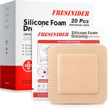 FRESINIDER Silicone Foam Dressing with Adhesive Border – Wound Dressing Bandage – Silicone Foam Pad – Pack of 20 – 4 x 4 Inches Large Waterproof Bandages – Self Adhesive Wound Care and Dressings - color: 4" X 4", 20 Pack