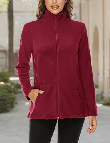Hibelle Women's Outdoor Full-Zip Thermal Fleece Jacket with Pockets - color: 205-wine Red, size: XX-Large