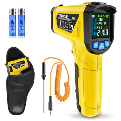 Infrared Thermometer Temperature Gun, -58°F to 1472°F, Digital Laser Thermometer Gun with Probe for Cooking, Pizza Oven, Grill & Engine, IR Thermometer Temp Gun with Adjustable Emissivity & Humidity - color: Yellow -58°F - 1472°F(-50-800℃)
