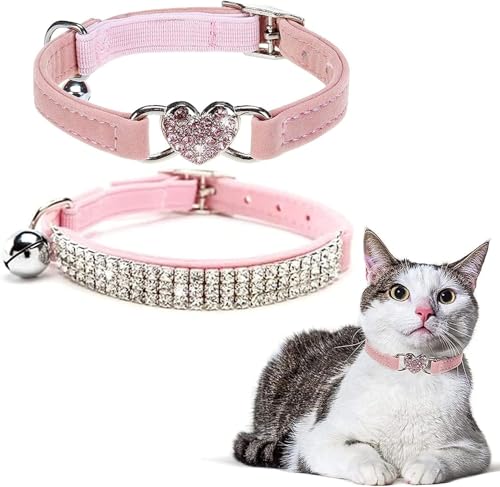 BINGPET Diamond Cat Collar,Adjustable Soft Velvet Leather Safe Kitten Collar with Shiny Rhinestones and Bells,Girl Boy Bling Cat Collars with Safety Elastic for Small Medium Cats Pack of 2（Pink） - color: Pink(Heart & Rhinestones), size: Neck Girth 8"-10"