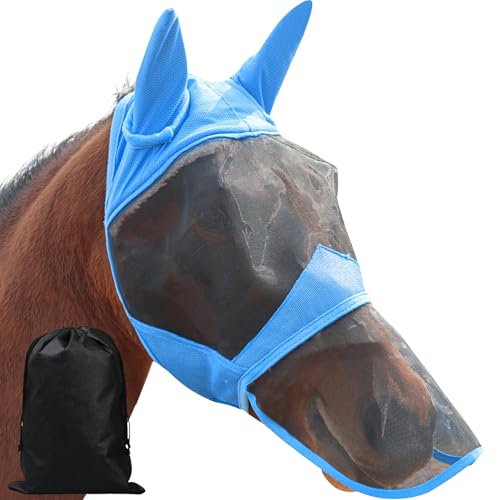 Fly Masks for Horses with Ears and Nose Cover Large Eye Space, Adjustable Horse Fly Mask for Daily UV Protection Breathable Comfort Fit Riding & Competition(Blue, L)