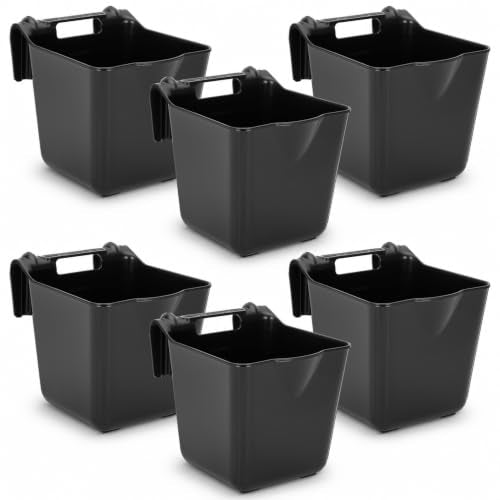 15 Quart Horse Feed Bucket, Heavy Duty Plastic Livestock Feeding Pails, Black, Pack of 6, Multipurpose Water & Feed Tubs for Horse, Pony, Goat, Farm Stable Use